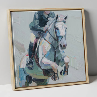 Flight in Grey show jumping horse canvas wall art in natural frame