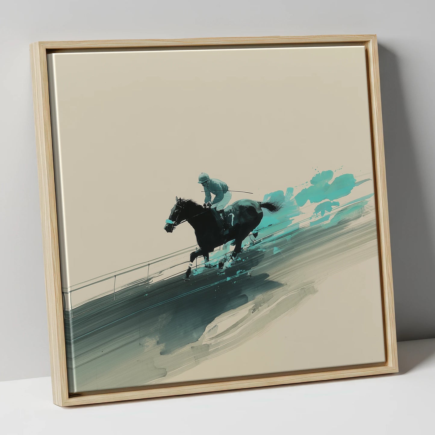 Velocity in Teal racing horse canvas wall art in natural frame