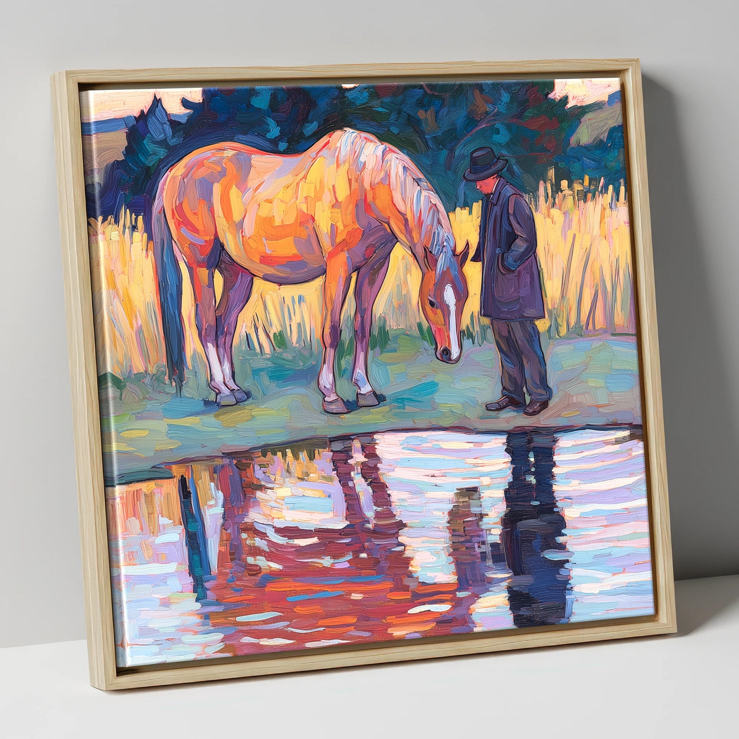 Quiet Reflections horse & rider canvas wall art in natural frame
