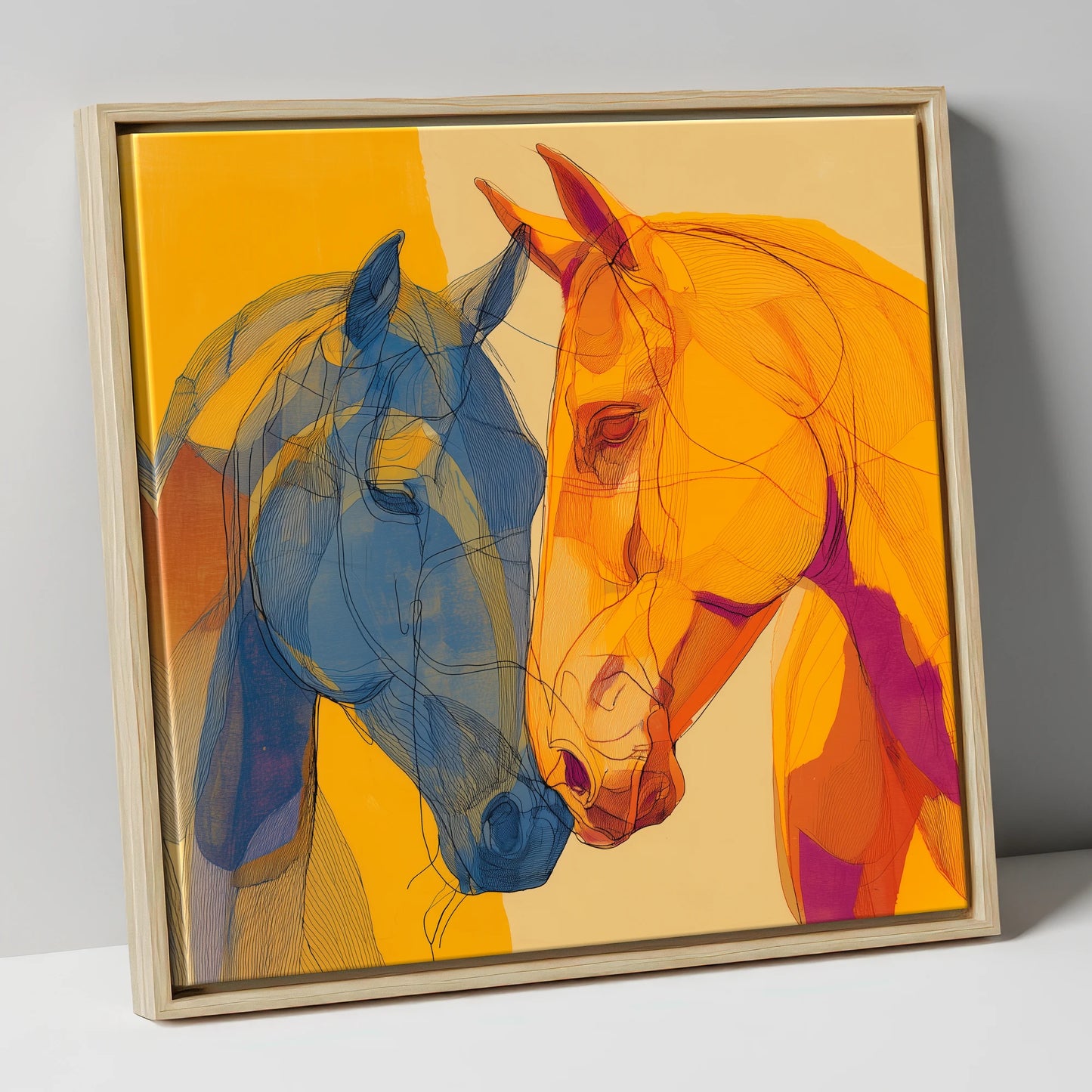 Cobalt and Amber Bond horse portrait canvas wall art in natural frame
