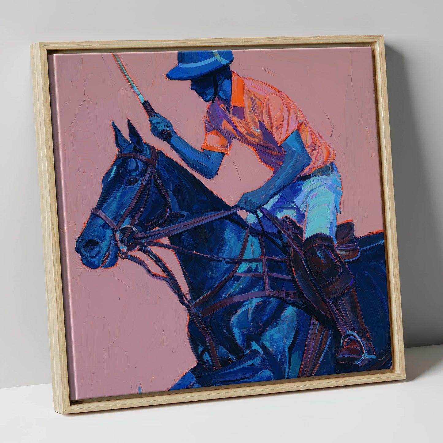The Indigo Chukka polo horse canvas wall art in natural frame