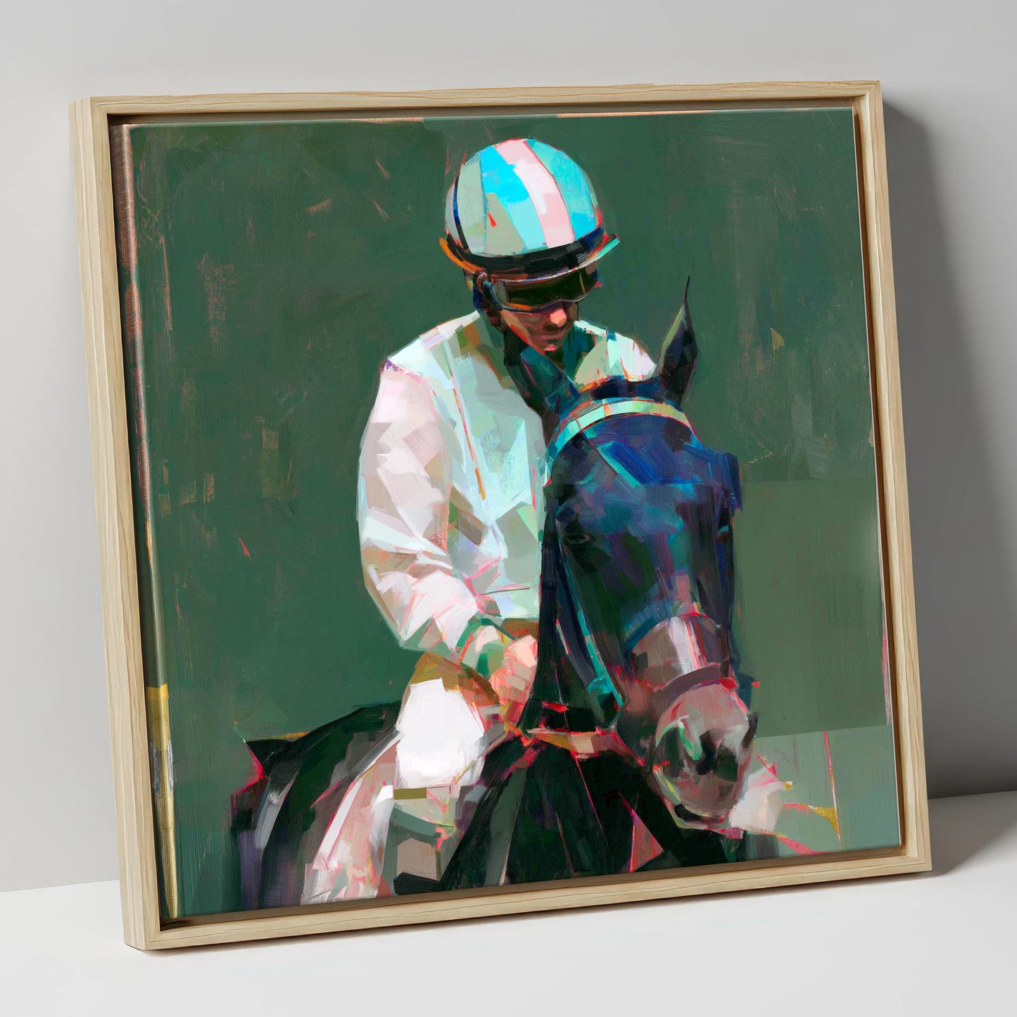 Pre-Race Focus racing horse canvas wall art in natural frame