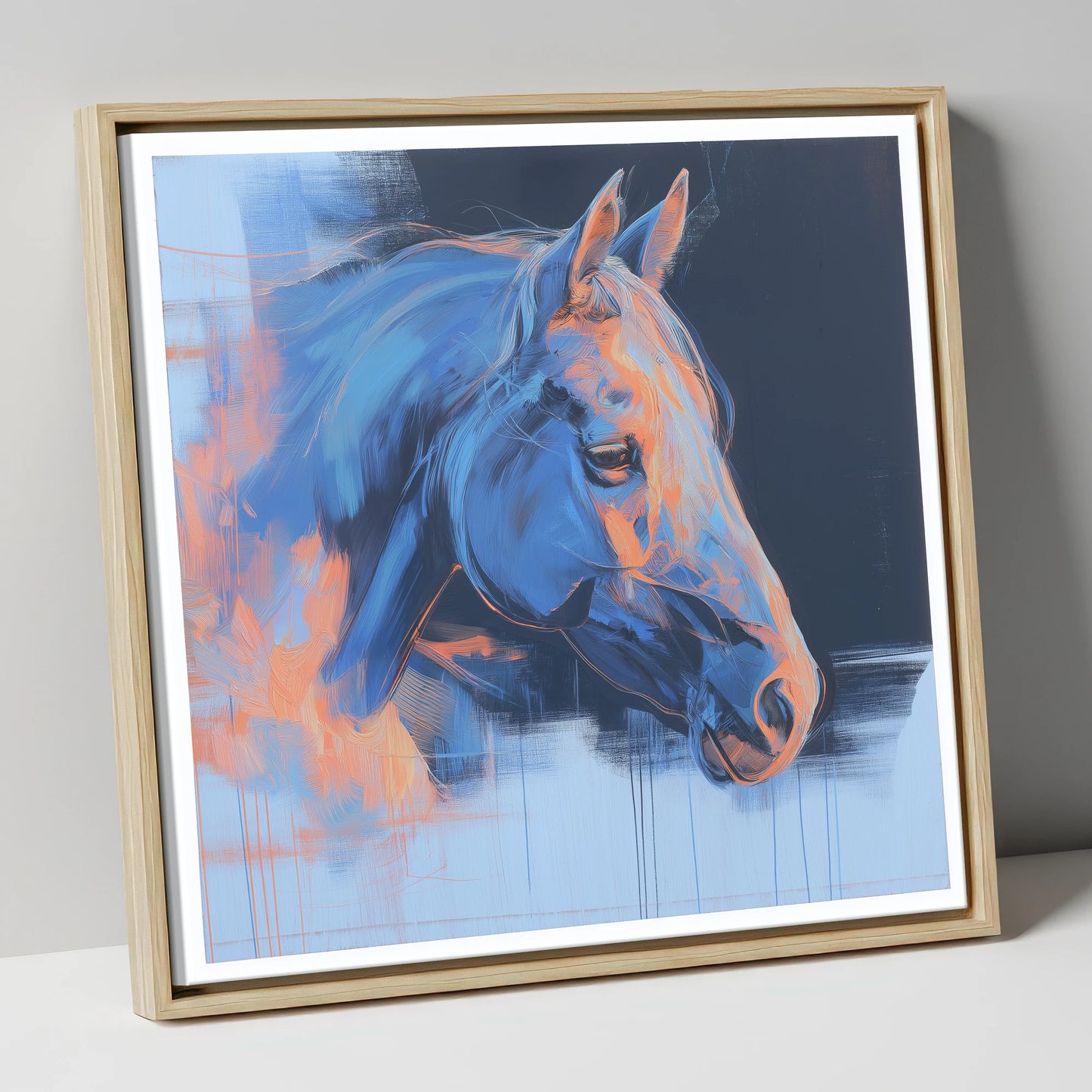 Expressive Cobalt Profile horse portrait canvas wall art in natural frame