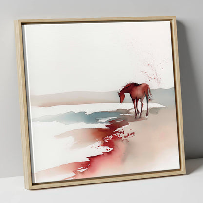 Crimson Waterside Solitude horse landscape canvas wall art in natural frame