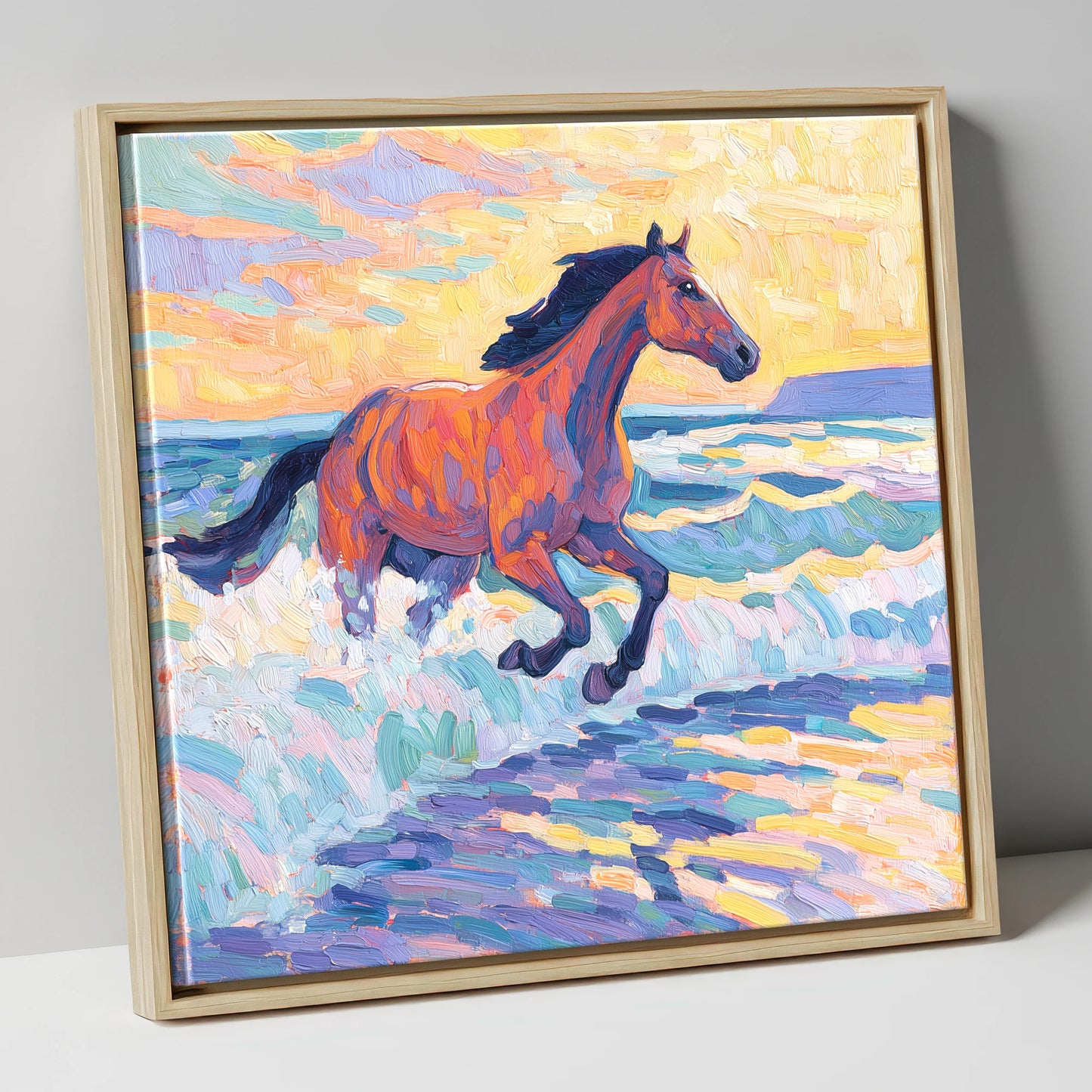 Painted Tide Canter beach horse canvas wall art in natural frame