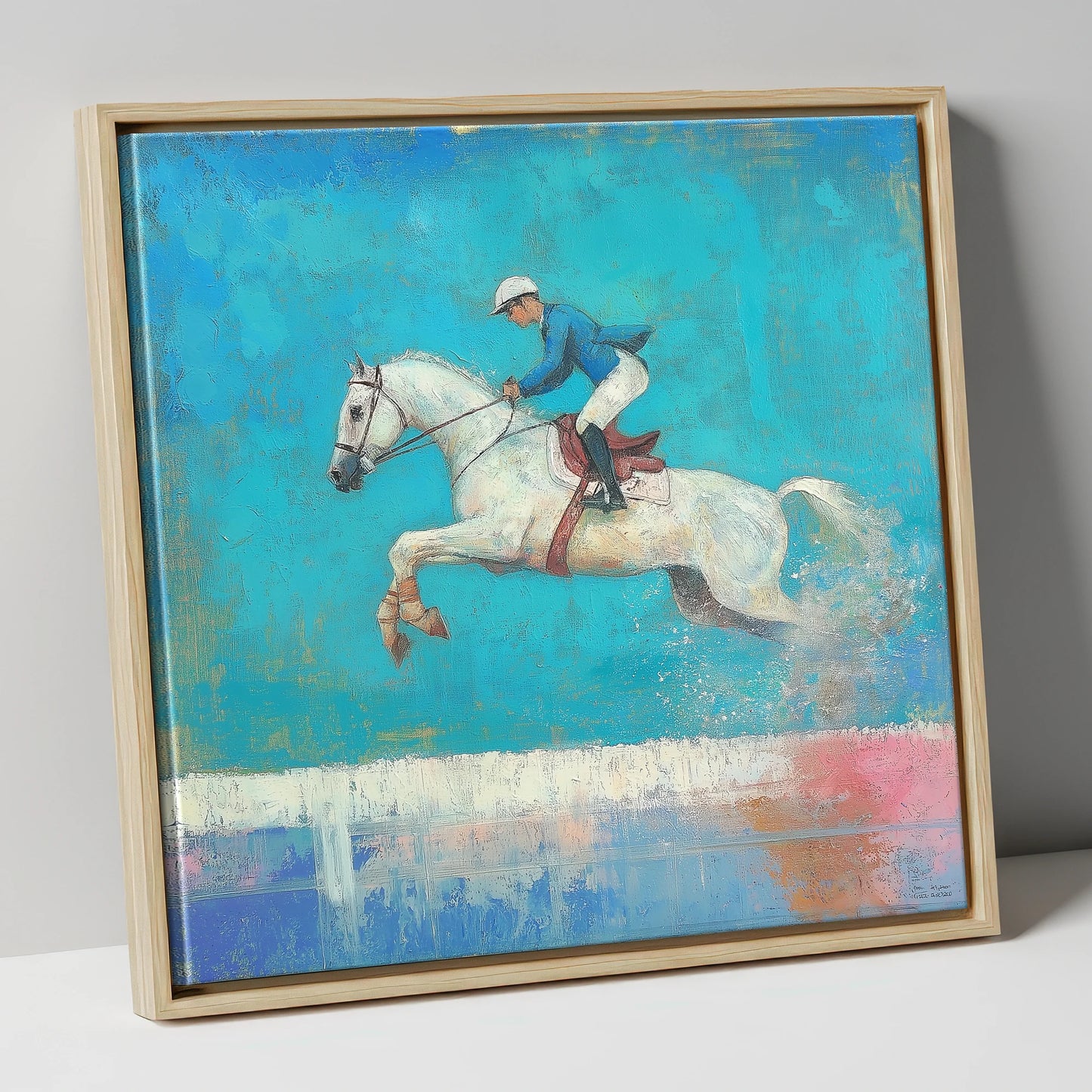 Flight in Turquoise show jumping horse canvas wall art in natural frame