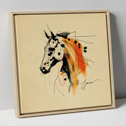 Abstract Amber Spirit horse breed canvas wall art in natural frame