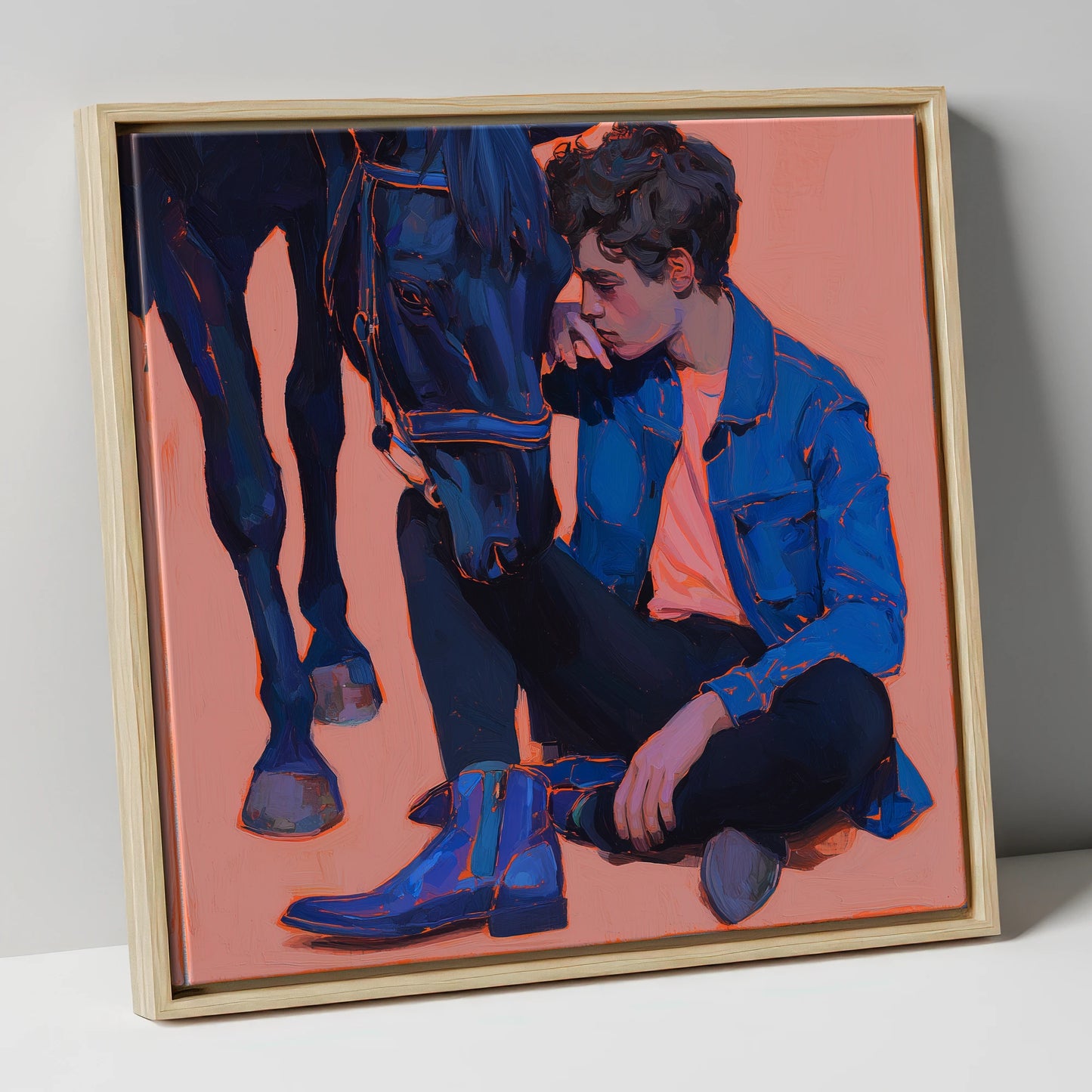 The Indigo Bond horse & rider canvas wall art in natural frame