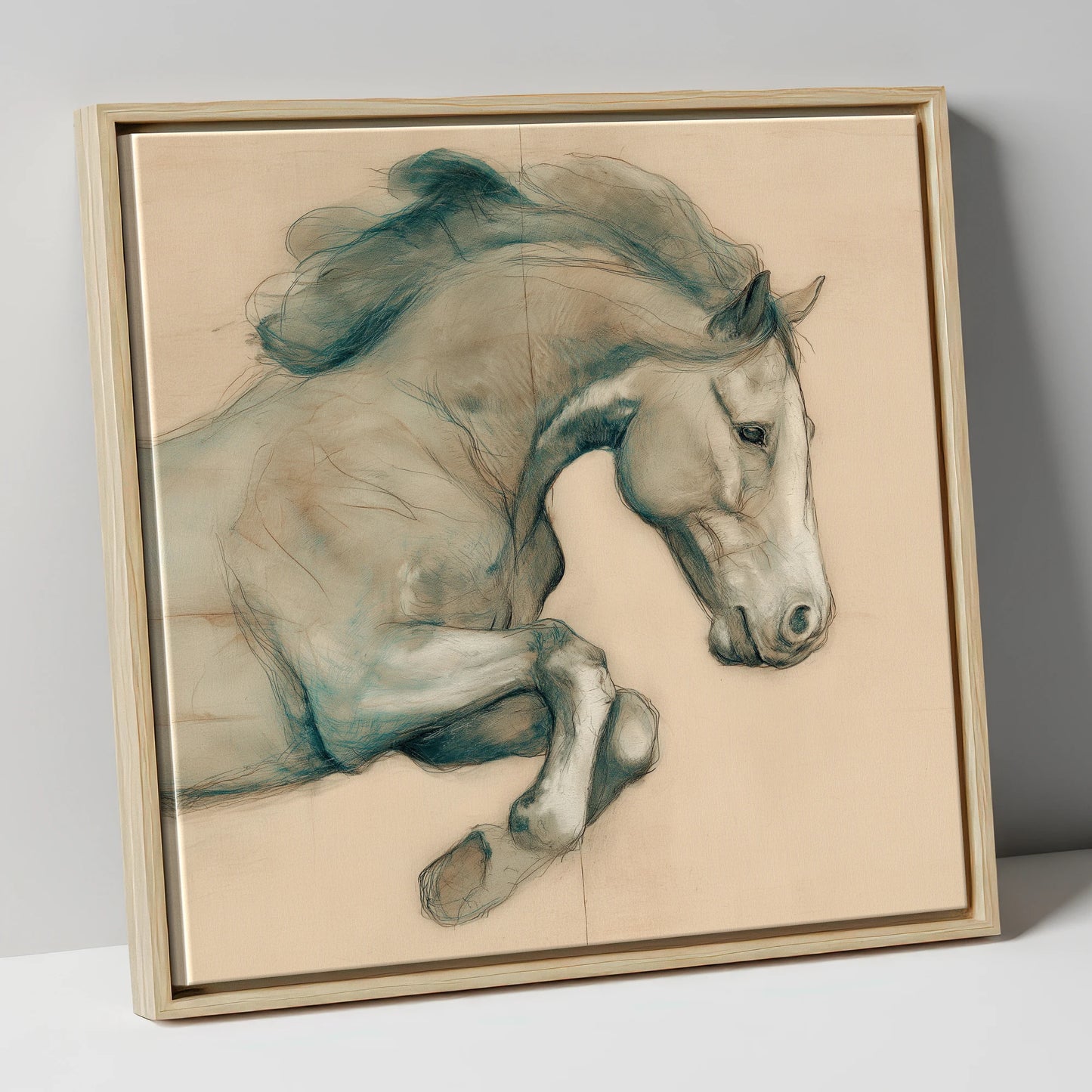 Suspended Grace horse portrait canvas wall art in natural frame
