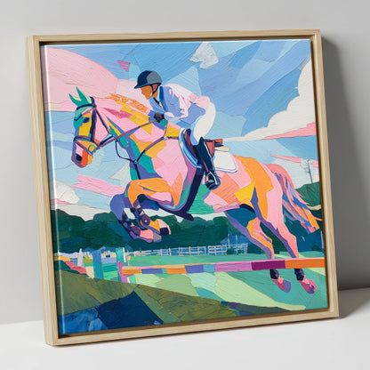 Kaleidoscope Leap show jumping horse canvas wall art in natural frame