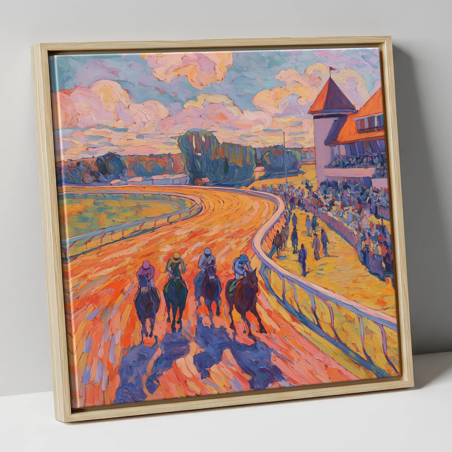 Colours of the Home Straight racing horse canvas wall art in natural frame