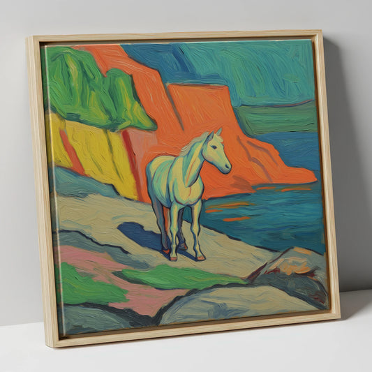 Vibrant Coastal Grey horse landscape canvas wall art in natural frame