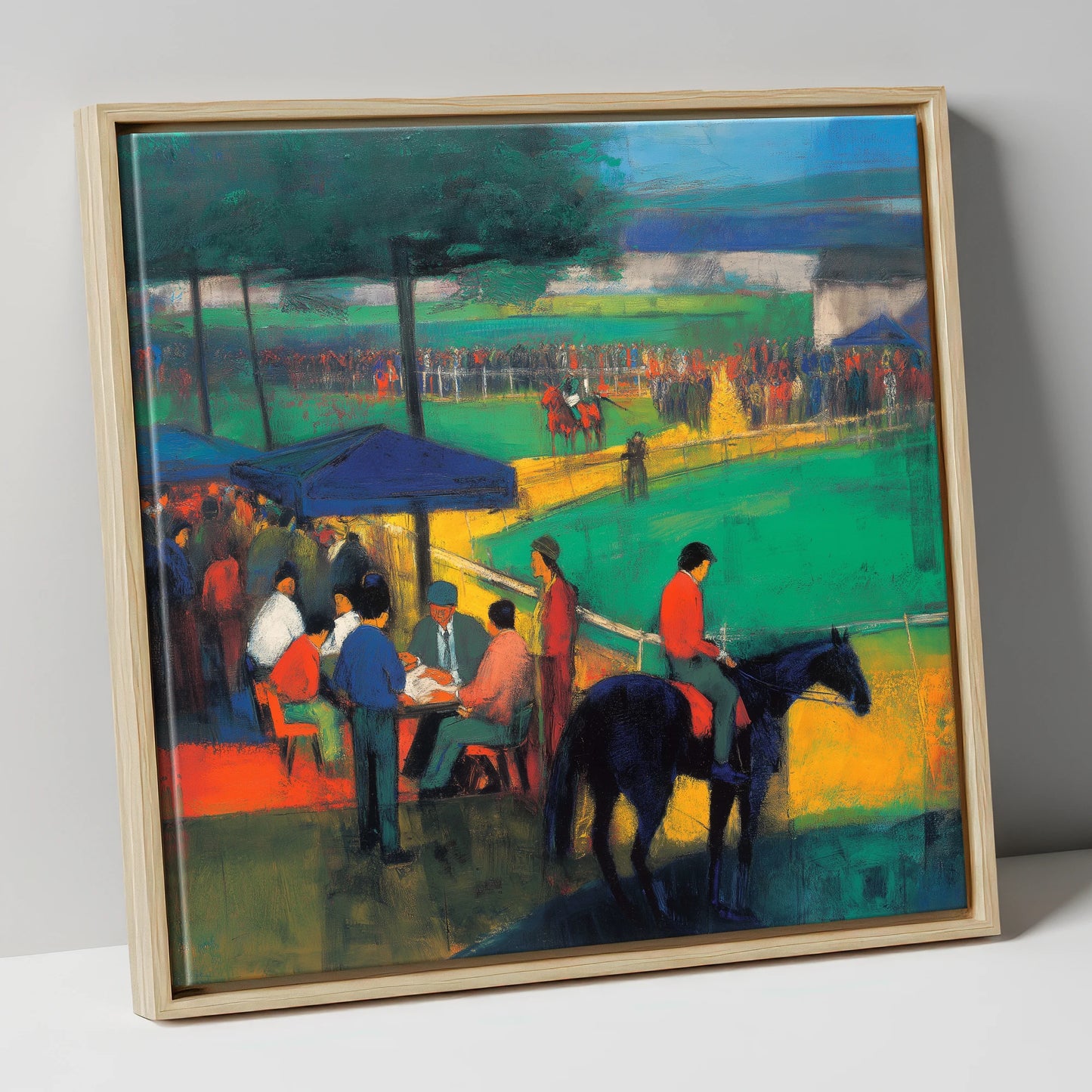 Anticipation at the Track racing horse canvas wall art in natural frame
