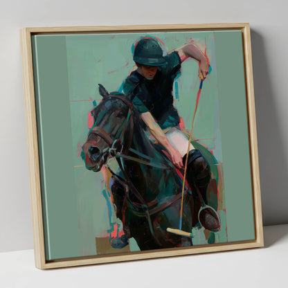 The Decisive Swing polo horse canvas wall art in natural frame