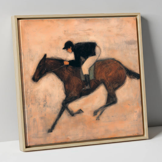 Flight of the Bay racing horse canvas wall art in natural frame
