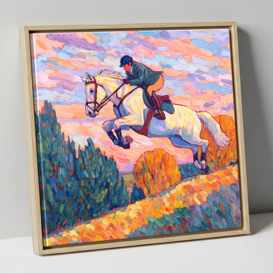 Airborne at Dusk show jumping horse canvas wall art in natural frame