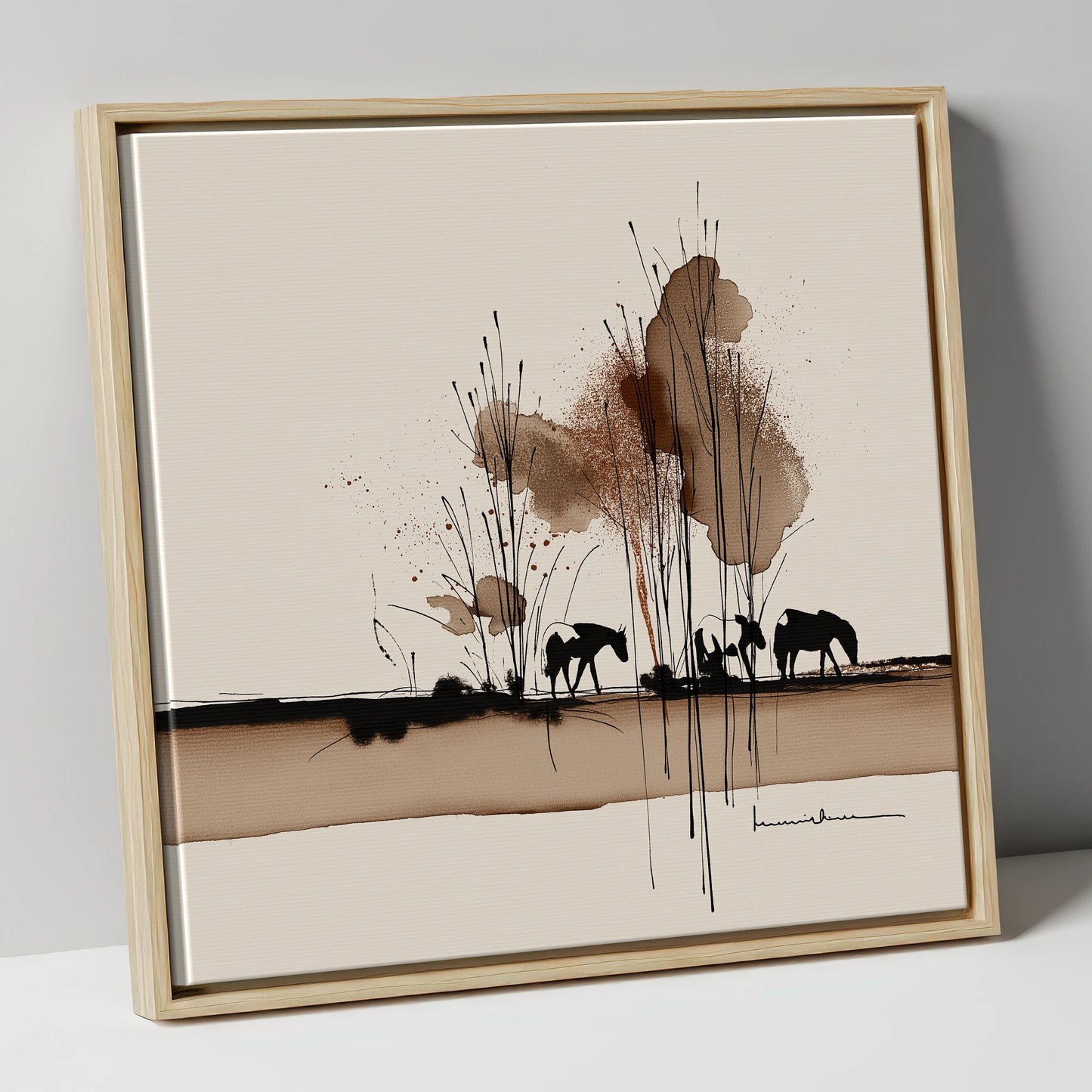 Grazing in Sepia Shadows horse landscape canvas wall art in natural frame