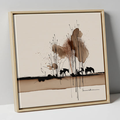 Grazing in Sepia Shadows horse landscape canvas wall art in natural frame