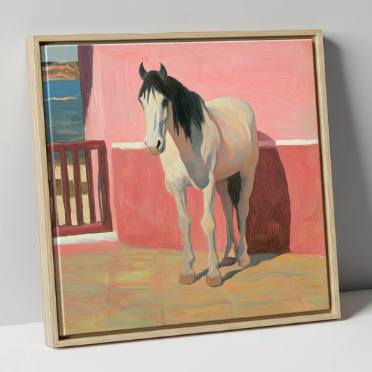 Coastal Courtyard Grey horse breed canvas wall art in natural frame