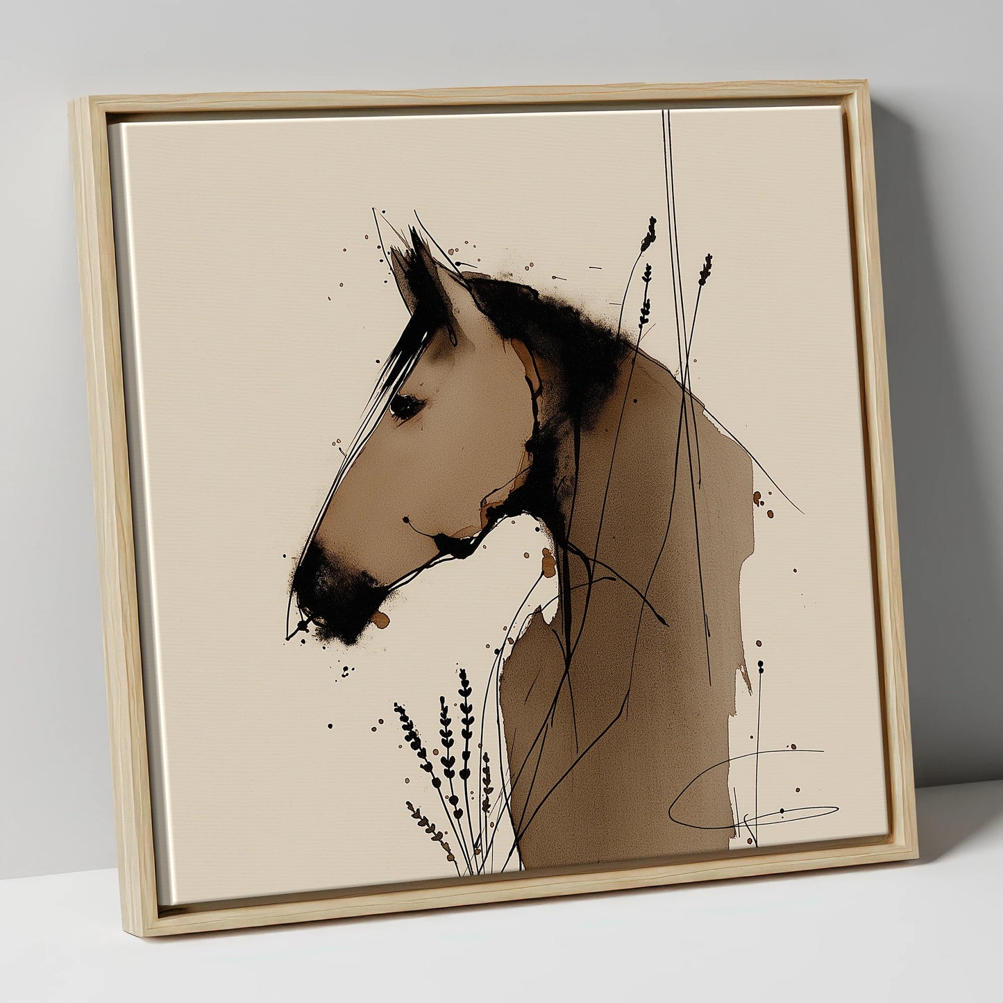 Earthy Equine Silhouette horse portrait canvas wall art in natural frame