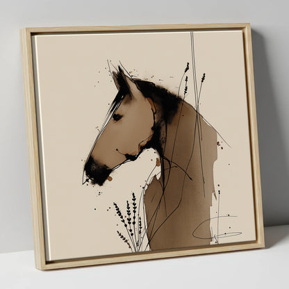 Earthy Equine Silhouette horse portrait canvas wall art in natural frame
