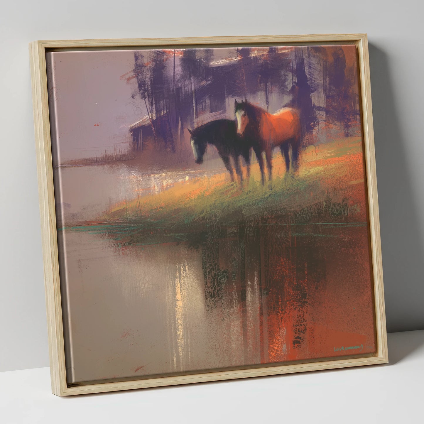 Waterside Reflections wild horses canvas wall art in natural frame