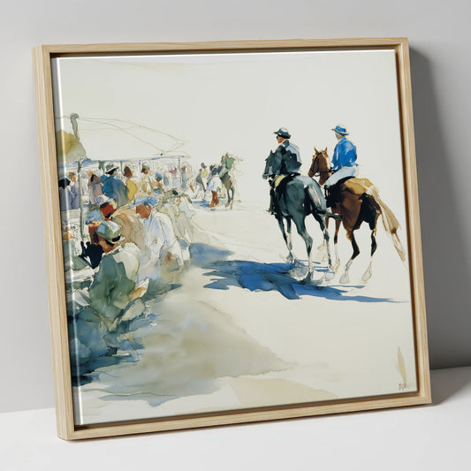 Leaving the Paddock racing horse canvas wall art in natural frame