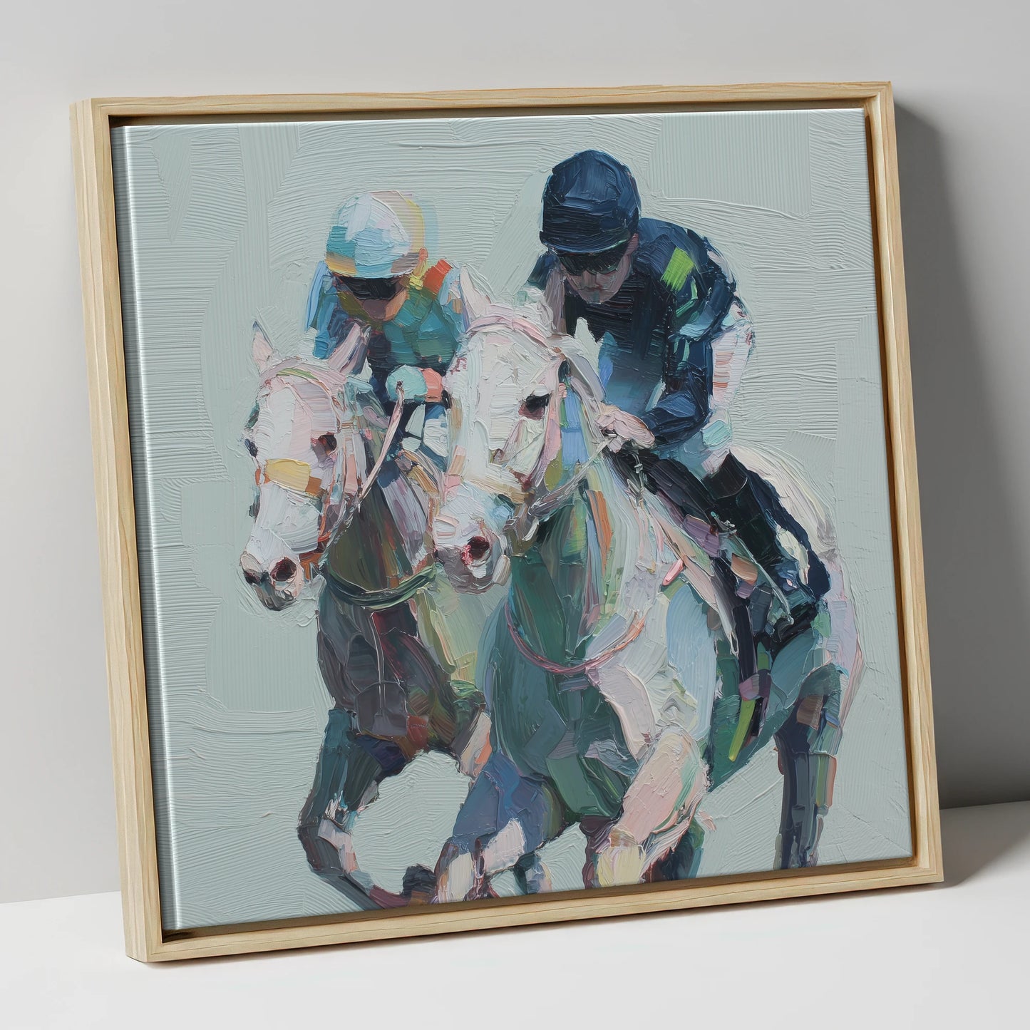 The Final Furlong racing horse canvas wall art in natural frame