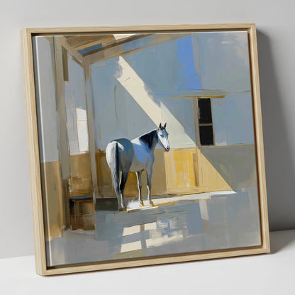 The Sunlit Grey horse stable canvas wall art in natural frame