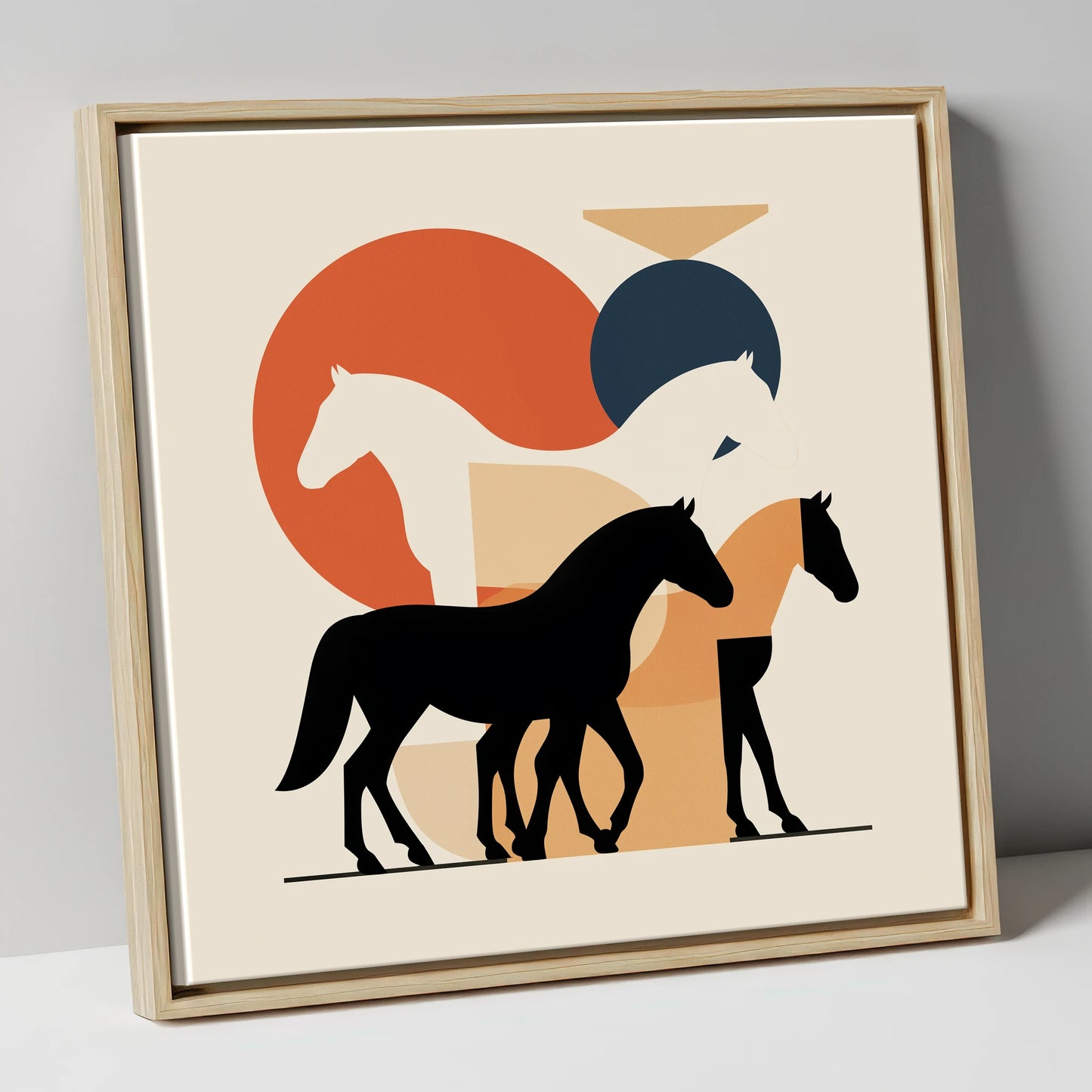 Mid-Century Equine Form wild horses canvas wall art in natural frame