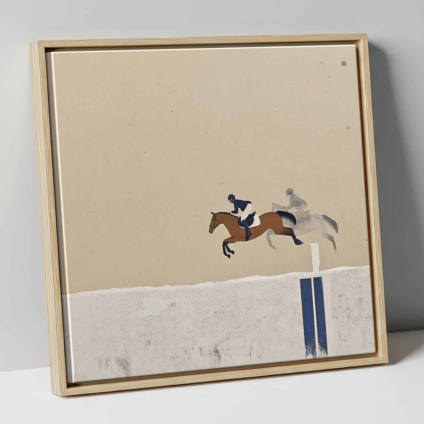 Suspended in Flight show jumping horse canvas wall art in natural frame