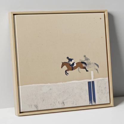 Suspended in Flight show jumping horse canvas wall art in natural frame