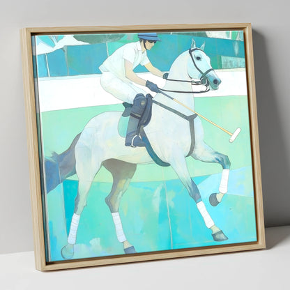 The Serene Chukka polo horse canvas wall art in natural frame