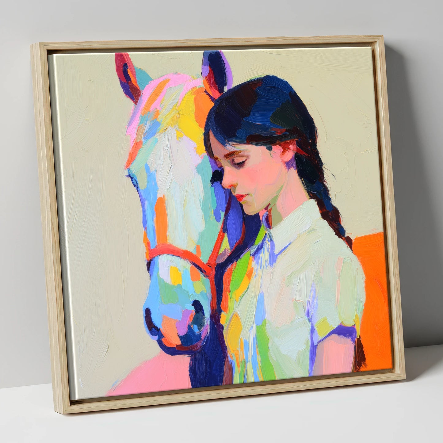 Vibrant Bond horse & rider canvas wall art in natural frame