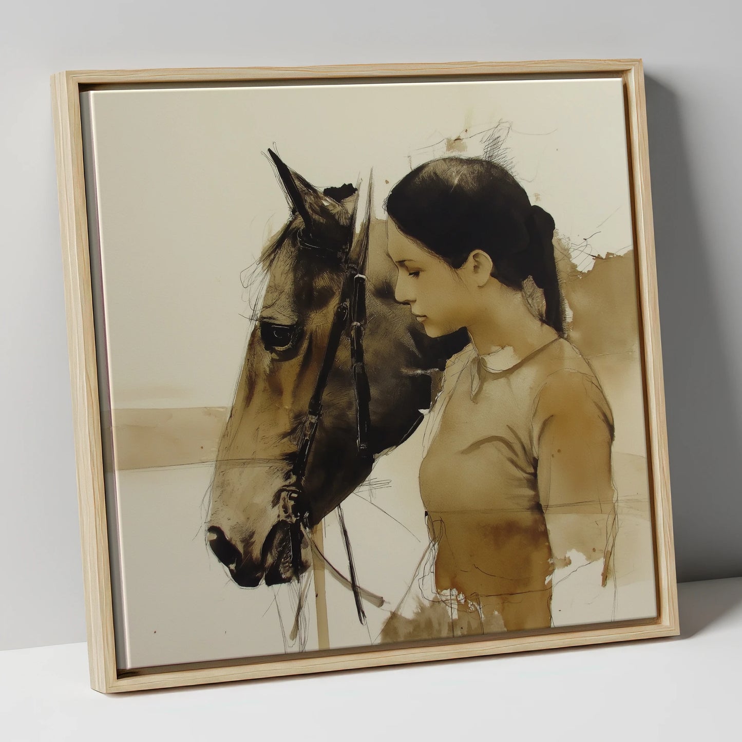 Unspoken Harmony horse & rider canvas wall art in natural frame