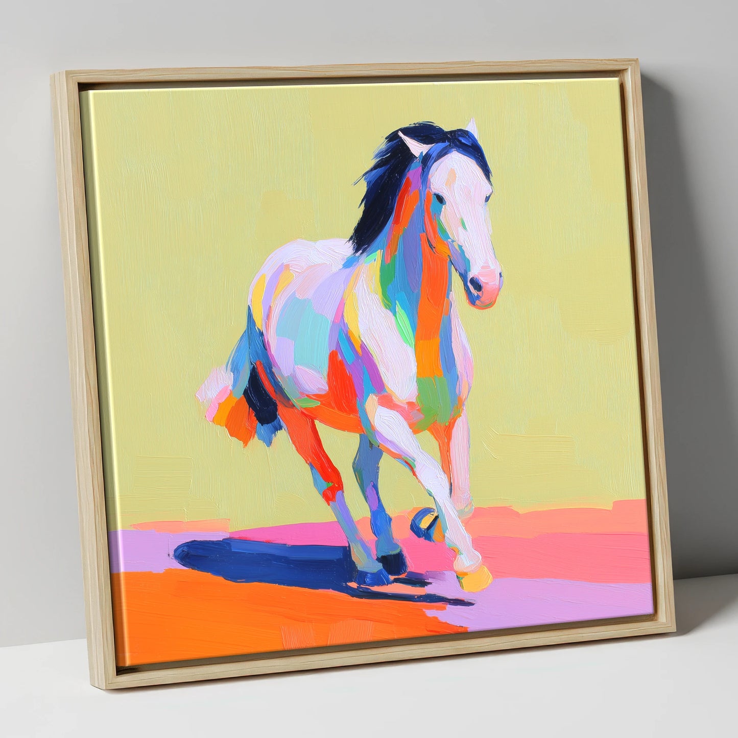Technicolour Canter horse breed canvas wall art in natural frame