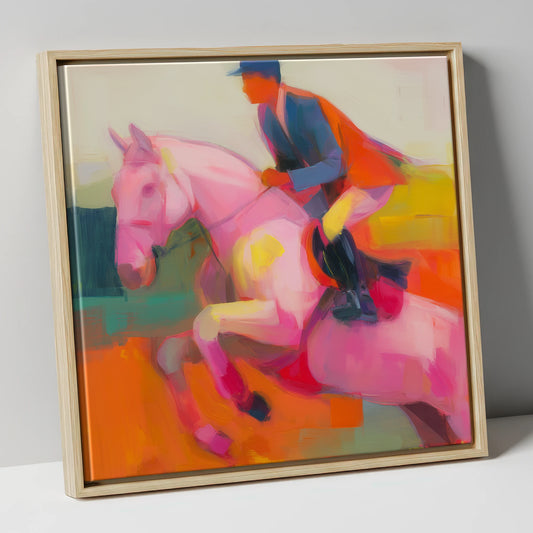 The Vivid Leap show jumping horse canvas wall art in natural frame