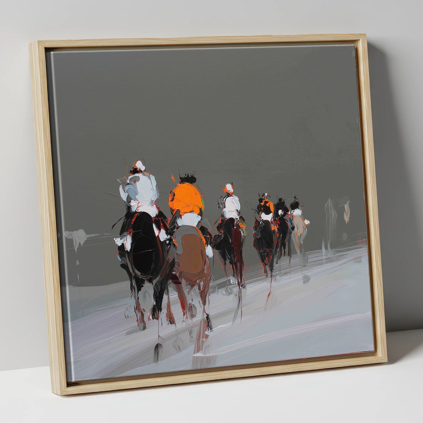 Through the Grey racing horse canvas wall art in natural frame
