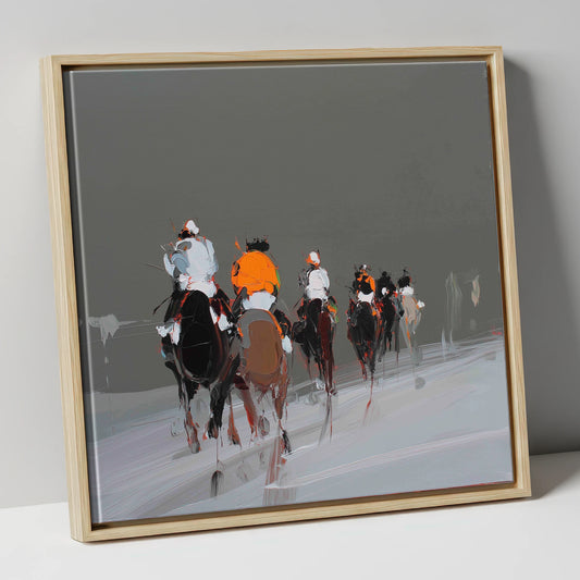 Through the Grey racing horse canvas wall art in natural frame