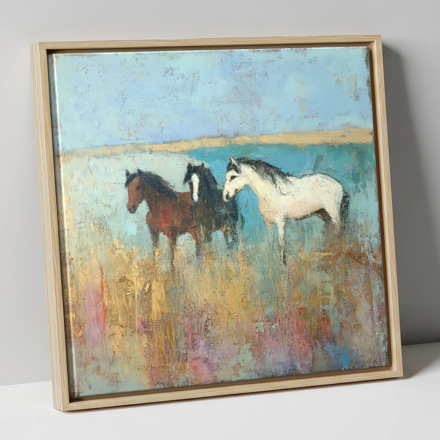 Coastal Companions wild horses canvas wall art in natural frame