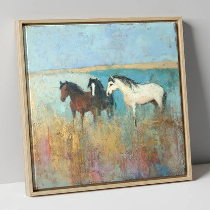 Coastal Companions wild horses canvas wall art in natural frame