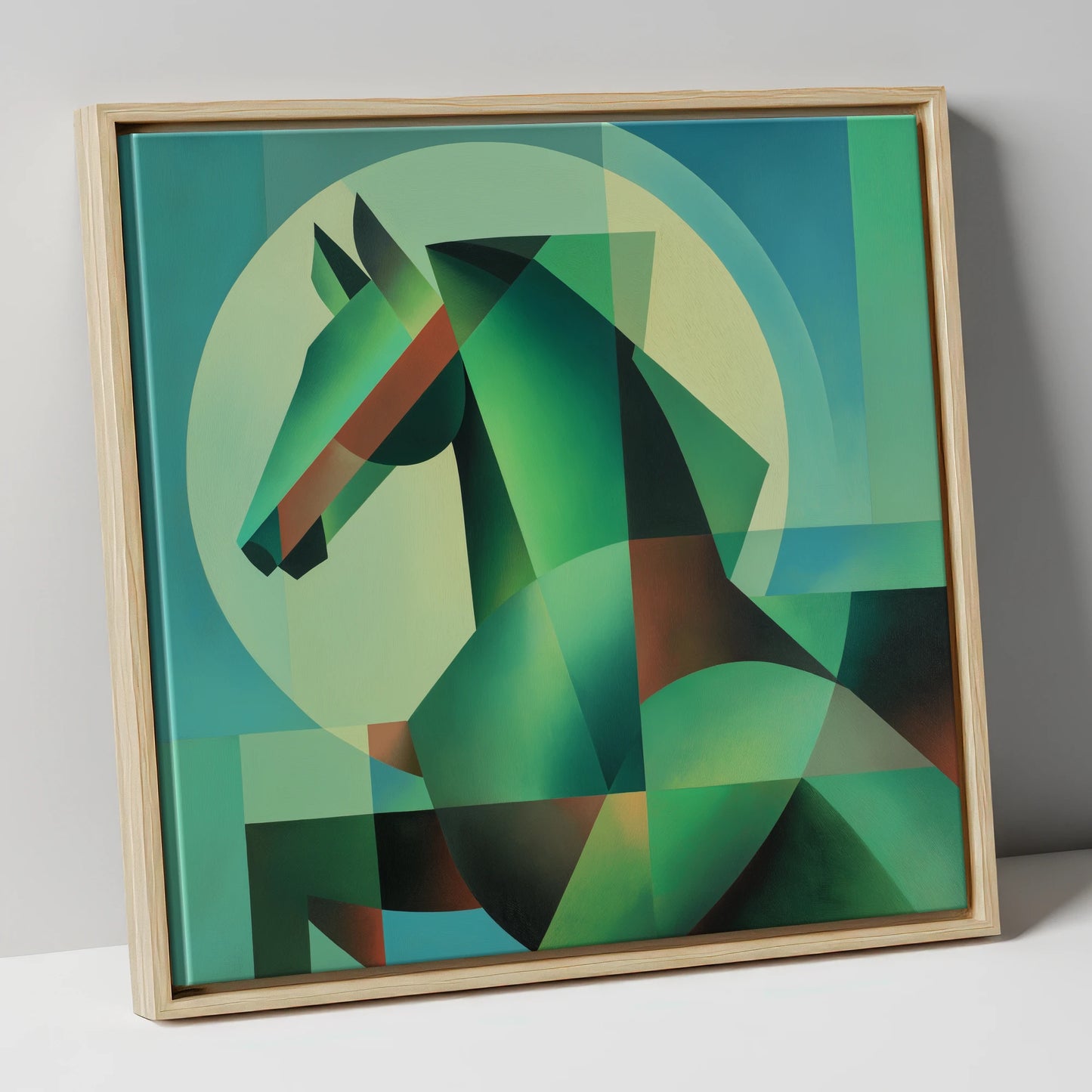 Geometric Emerald Profile horse portrait canvas wall art in natural frame