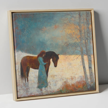 Whispers In Winter horse & rider canvas wall art in natural frame