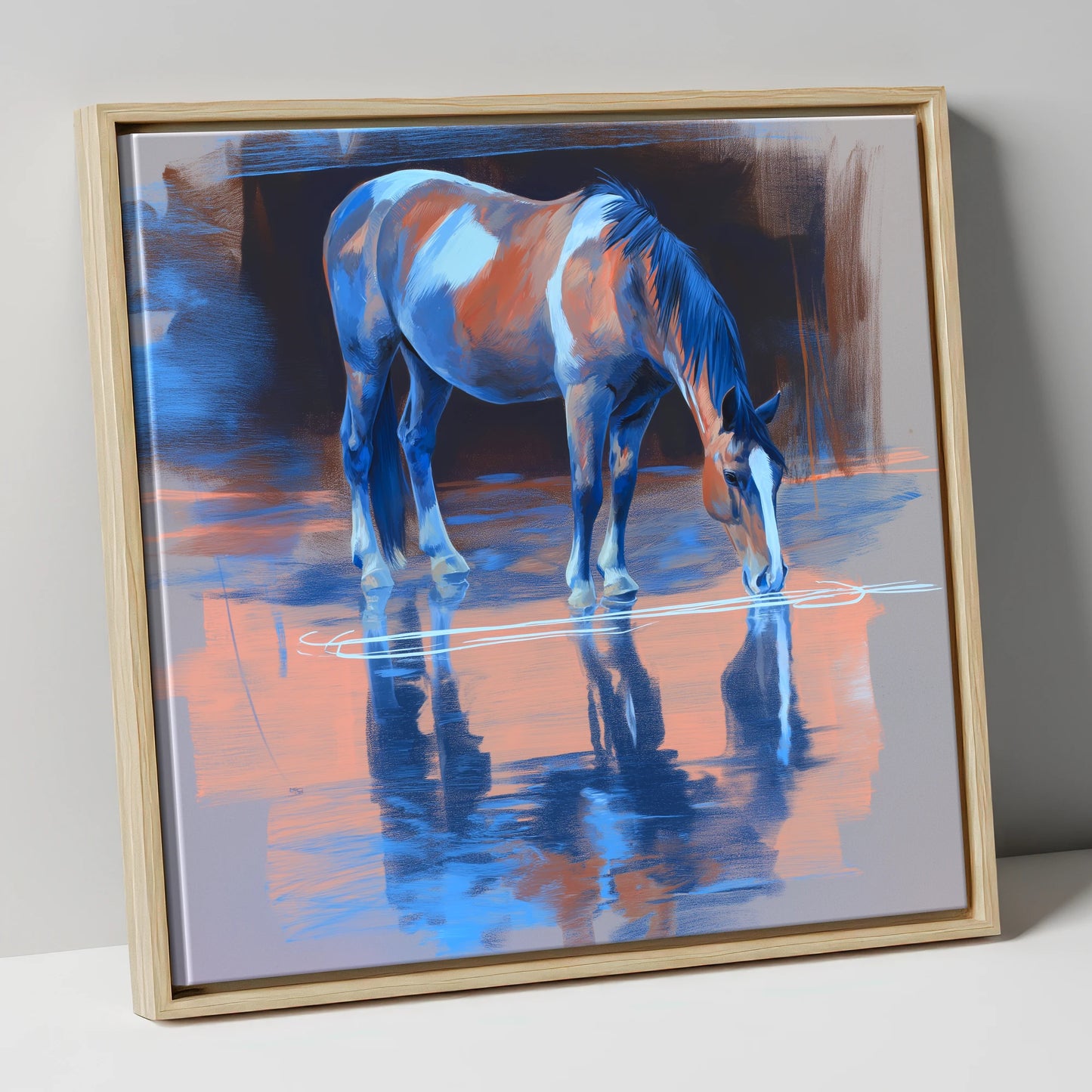 Tranquil Reflection horse portrait canvas wall art in natural frame