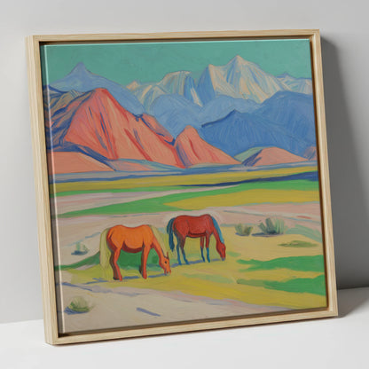 Vibrant Valley Pastures horse landscape canvas wall art in natural frame