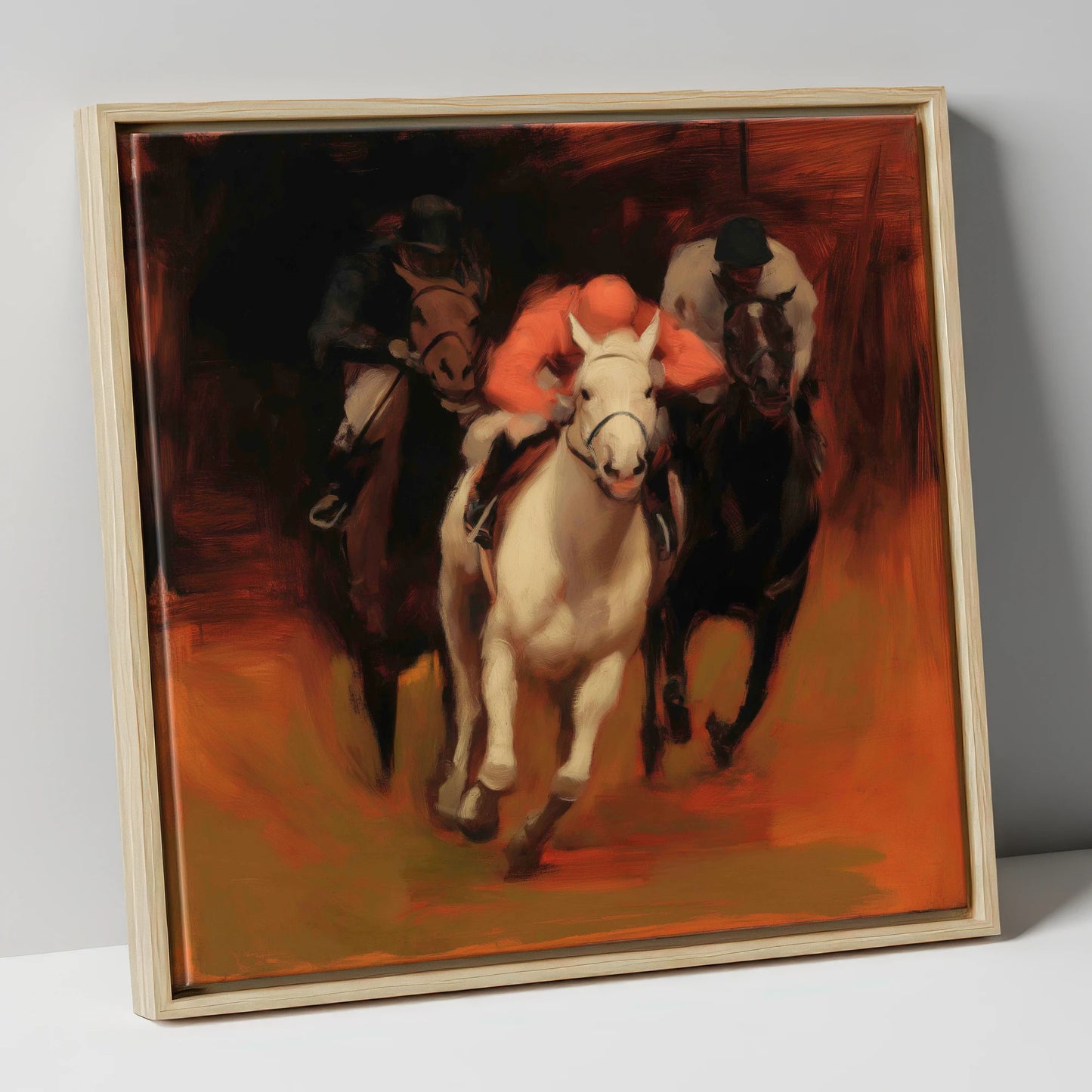 Breaking from the Pack racing horse canvas wall art in natural frame