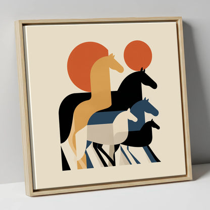 Geometric Sunrise Herd wild horses canvas wall art in natural frame