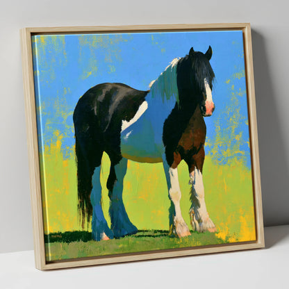 Piebald Cob in Summer Sun horse breed canvas wall art in natural frame