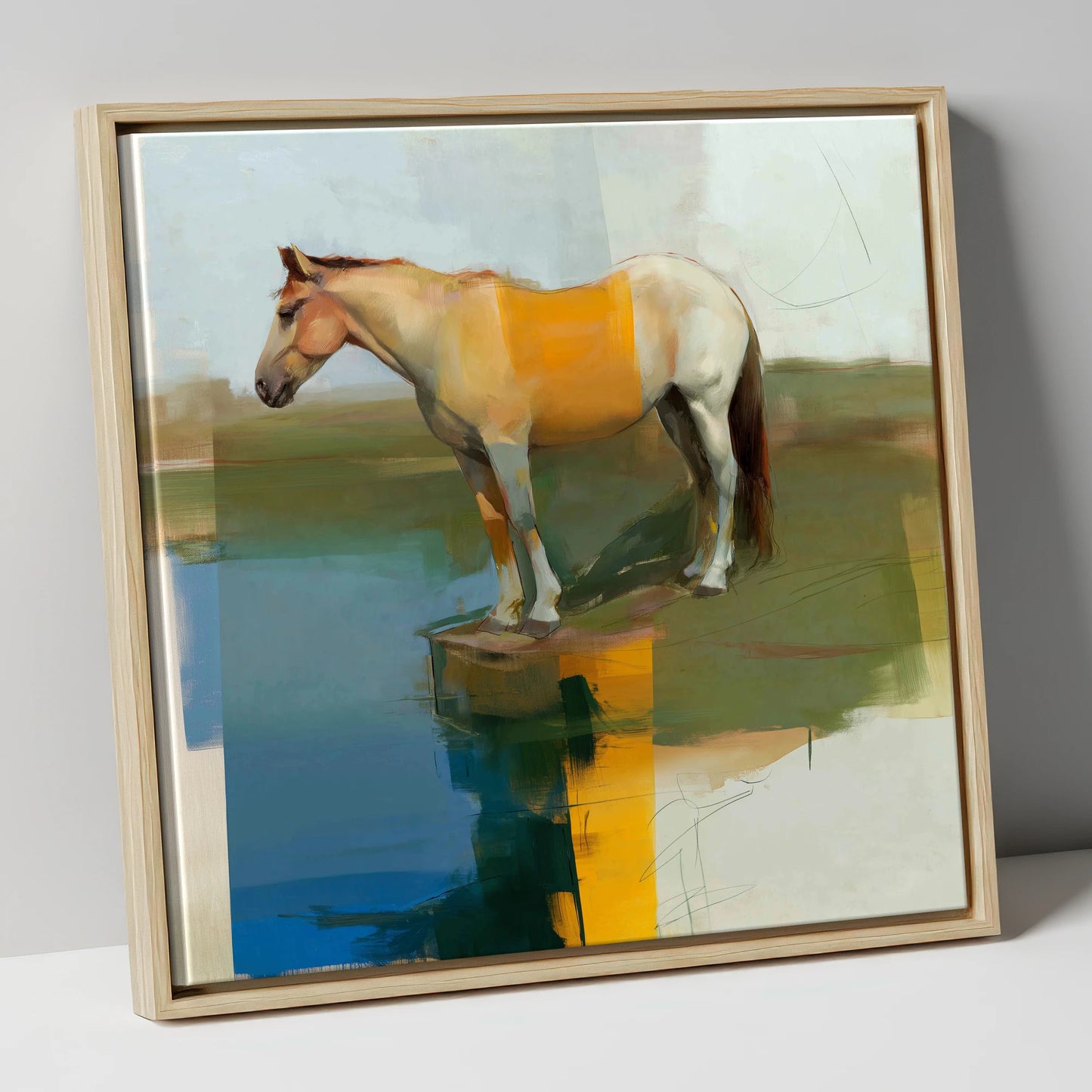 Geometric Waterside Reflection horse landscape canvas wall art in natural frame