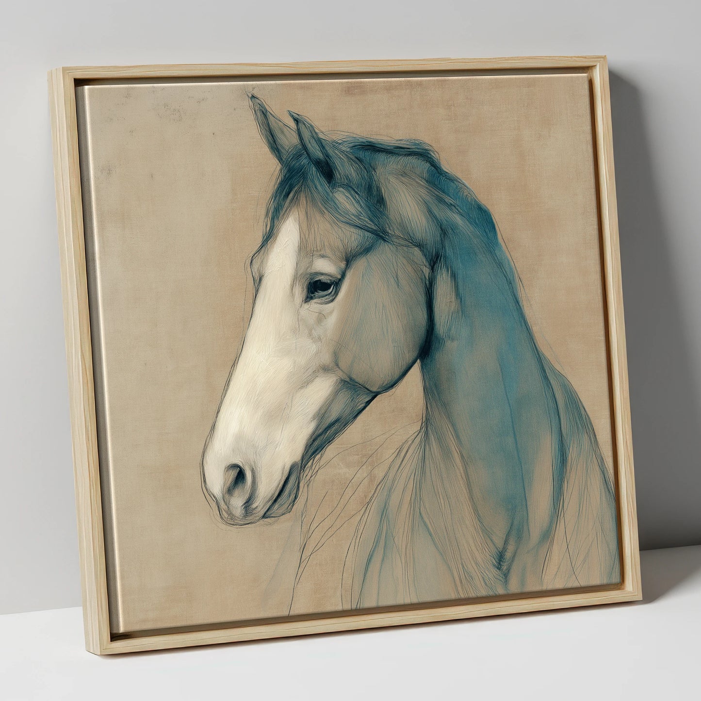 Teal Equine Study horse portrait canvas wall art in natural frame